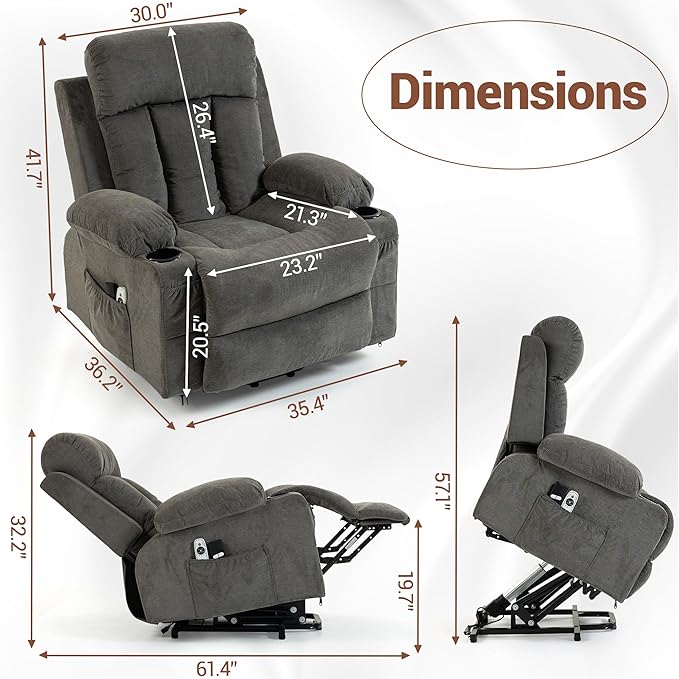 Power Lift Recliner Massage Chair - for Elderly People w/Vibration Massage and Lumbar Heat Recliner Chair Sofa for Adult w/Cup Holder USB Charge Port for Living Room Bedroom Grey