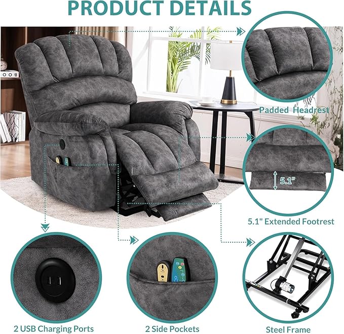MEETWARM Large Power Lift Electric Recliner Chair with Extended Footrest for Elderly Big and Tall Lift Chair for Seniors Reclining Chair with Vibration Massage and Heated USB Ports(Plush-Grey)