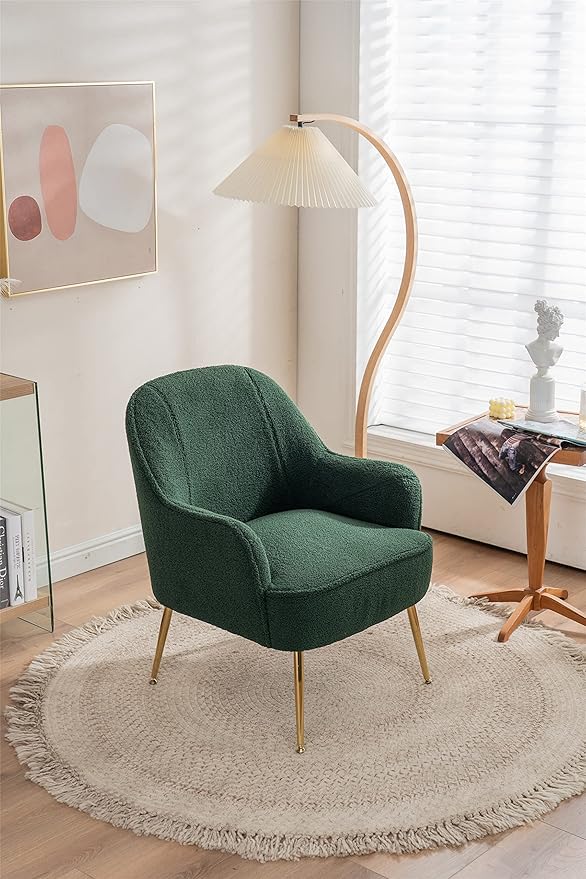Modern Soft Green Teddy Fabric White Ergonomics Accent Chair Living Room Chair Bedroom Chair Home Chair with Gold Legs and Adjustable Legs Family Room Sofa Armchair Furniture for Indoor Home (Green)