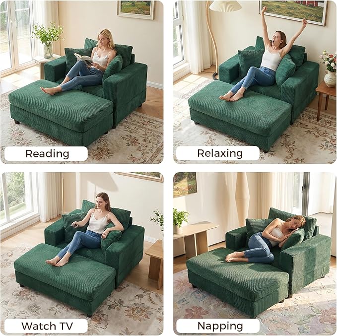 Chaise Lounge Chair IndoorOversized Corduroy Upholstered Sofa Bed with Removable Storage Ottoman Small Cloud Sofas for Living Room Comfy Deep Seat Sleeper Couch Reading Chairs (Green)