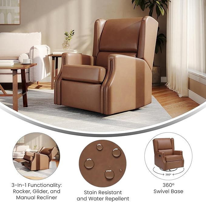 Flash Furniture Omma Swivel Glider Rocking Recliner Manual Wingback Recliner with 360 Degree Swivel for Living Room Bedroom or Nursery Cognac LeatherSoft