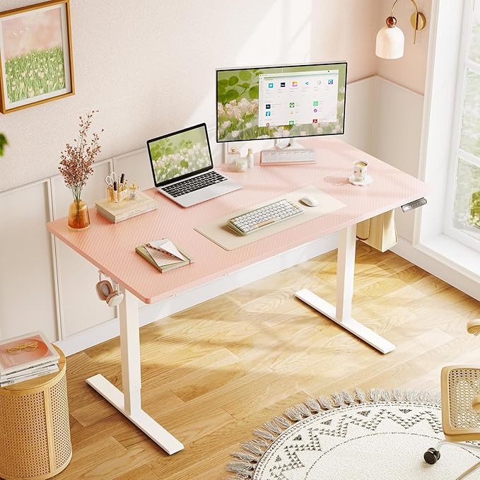 OffiGo Electric Height Adjustable Standing Desk 48 Inch Pink Computer Desk for Women Girls Sit Stand Table for Home Office Bedroom