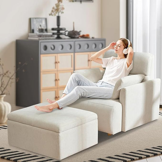 Oversized Accent Chair with Storage Ottoman Lounge Armchair with 2 Arm Pillows Deep Seat Chaise for Living Room Bedroom Beige