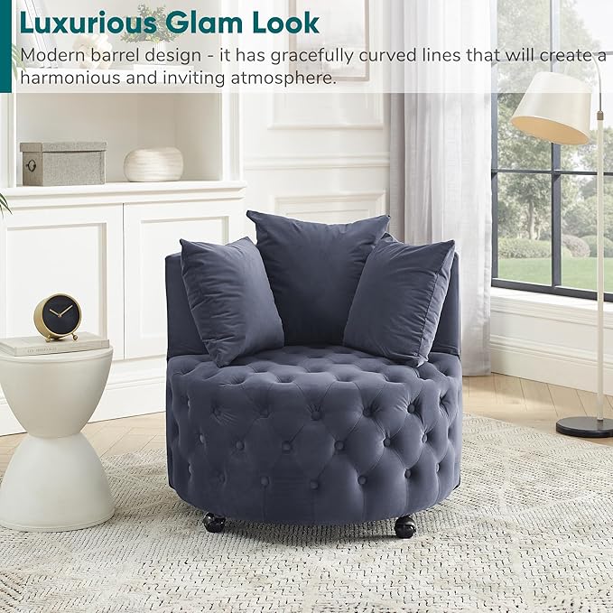 JOYBASE Swivel Barrel Chair Round Swivel Accent Chair Comfy Circle Club Lounge Chair Armchair Modern Sofa Chair for Living Room Office Bedroom (Blue-Grey Velvet)