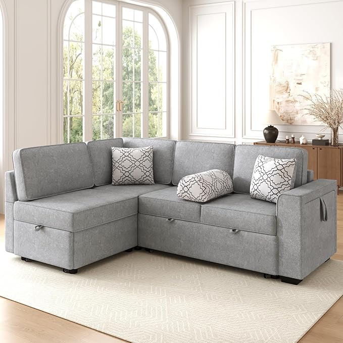 83.9 Convertible Sectional Sofa Bed Chenille L-Shaped Sofa with Dual Pull-Out Sleepers Flip-Top Table USB Ports Cup Holder &amp Storage for Living Room Office Apartment (Light Gray-7.22)