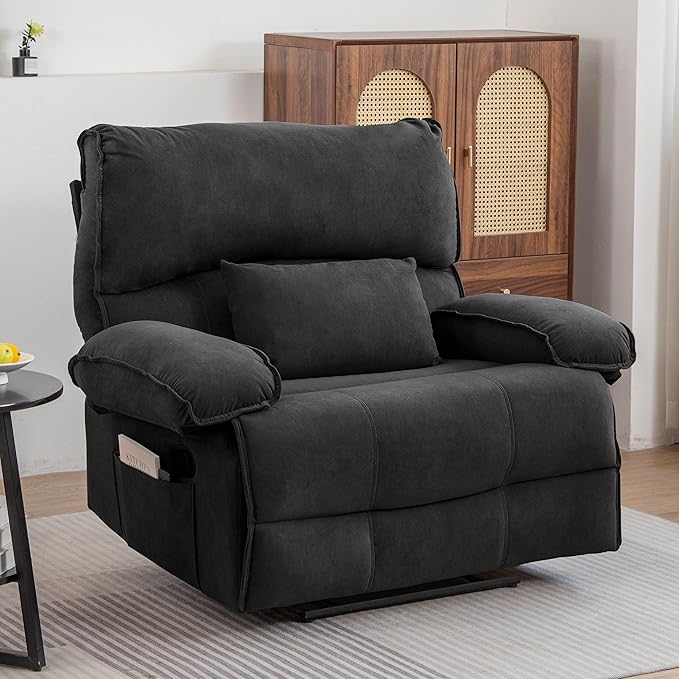 Oversized Recliner Chair for Adult Plus Size 49.21 Extra Wide Seat Manual Fleece Recliner with Pockets Ergonomic Massage Heated for Living Room Bedroom Home Threater Office Lounge (Grey)