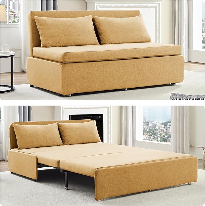 Mjkone 64 Width Queen Size Sleeper Sofa Bed 2-in-1 Modern Convertible Linen Sofa Sleeper Pull Out Couch Bed with Cushions &amp Throw Pillows for Living Room Home Office Small Place Yellow