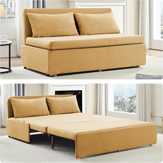 Mjkone 64 Width Queen Size Sleeper Sofa Bed 2-in-1 Modern Convertible Linen Sofa Sleeper Pull Out Couch Bed with Cushions &amp Throw Pillows for Living Room Home Office Small Place Yellow