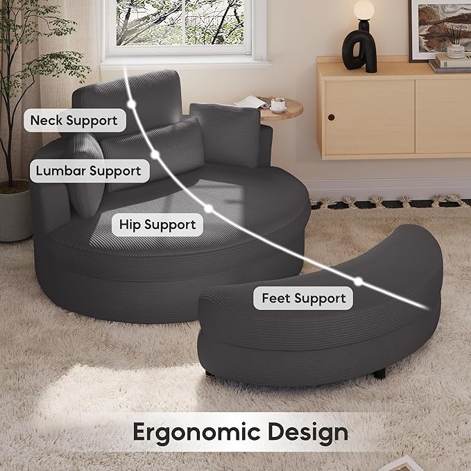 Yoglad Oversized Round Swivel Accent Chair with Ottoman &amp Wooden Armrest Tray – 360° Rotation and Stylish Modern Corduroy Fabric Perfect for Living Room/Apartment/Studio(Gray)