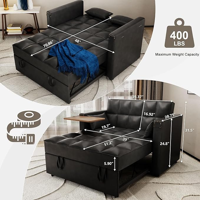 Leather Convertible 3 in 1 Sleeper Sofa Bed Small Upholstered Loveseat Pull Out Couch Multi-Functional Sleeper Futon with Hidden Table and Adjustable Backrest for Living Room (Black)