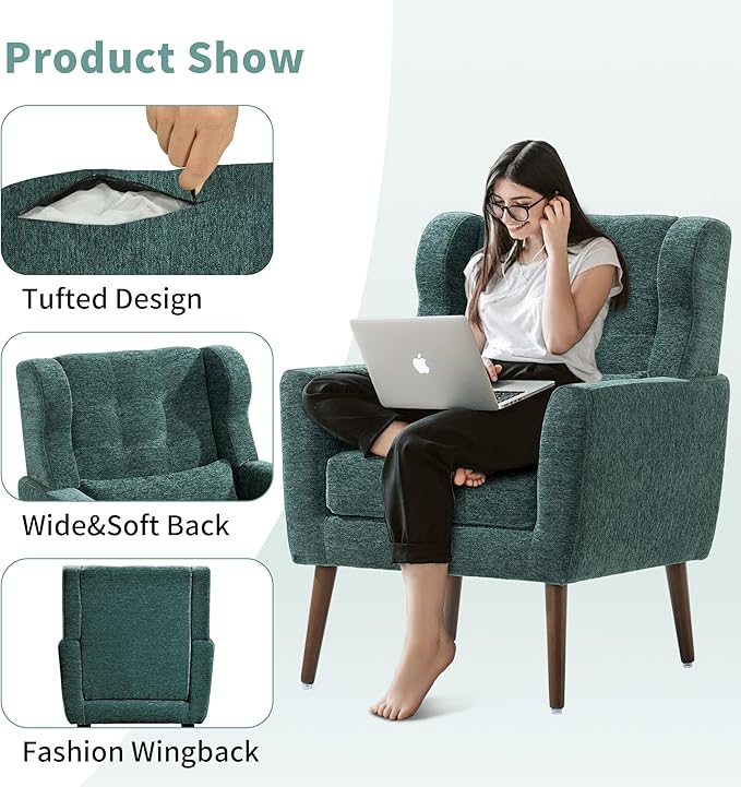 Modern Accent Chair Upholstered Arm Chair with Waist Pillow Single Sofa Chair for Living Room Bedroom Small Spaces (Green)