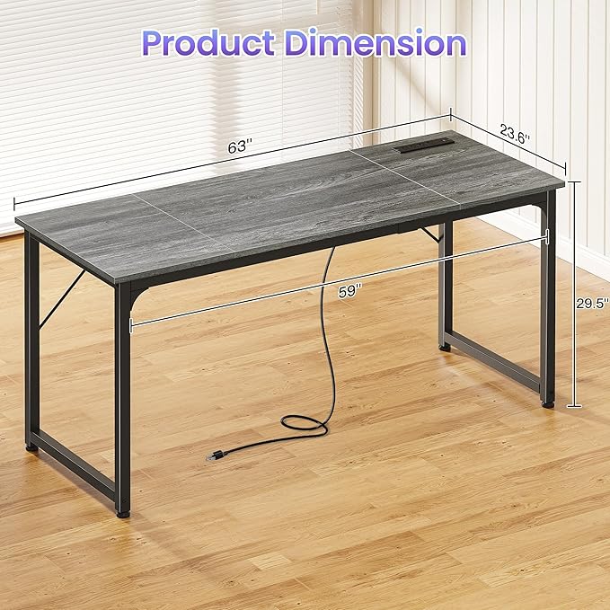 PRAISUN 63 X 24 Inch Office Computer Desk with Power Outlets and USB-C Port Larger and Longer Gaming Desk for Home Office Study Writing Work from Home Table Metal Frame Grey
