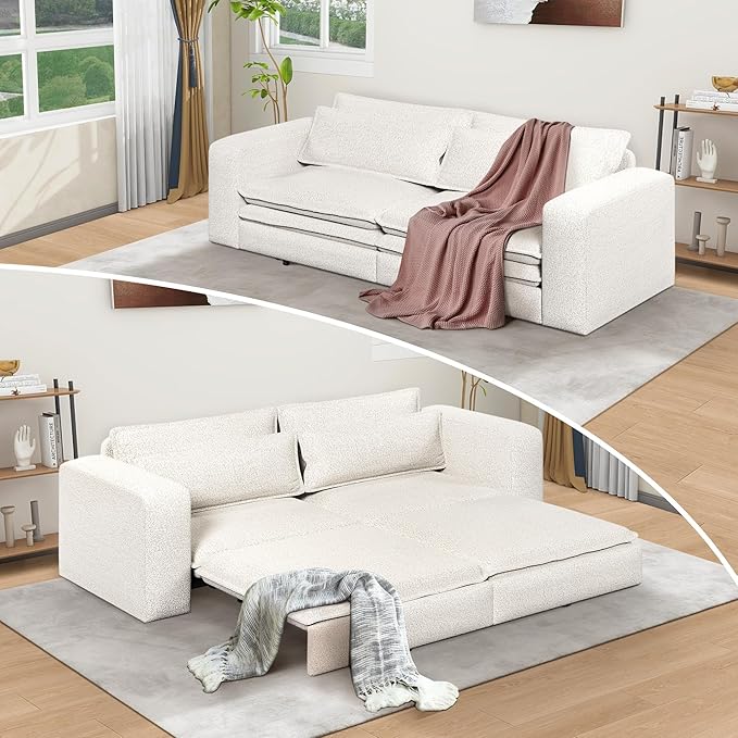 93 King Size Sofa Bed 3 in 1 Convertible Pull Out Couch Loveseat Sleeper Comfy Upholstered Teddy Sofa 3 Seater Chaise Lounge with 2 Pillows Modern Couch Bed for Living Room Beige