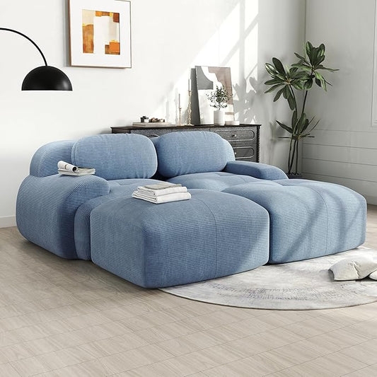 81.8 Sleeper Sofa Cloud Couch Modular Sectional Sofa - Boneless Deep Seat 2-Seater with 2 Movable Ottomans No Assembly Corduroy Upholstery Couches for Living Room (Blue)