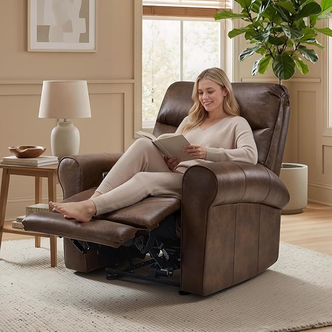 MCombo Power Wall Hugger Recliner Chair for Small Space RV Living Room USB &amp USB-C Charging Ports Modern Rolled Arm Recliner Faux Leather PR630 (Dark Brown Medium)