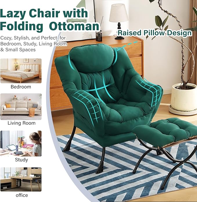 Lazy Chair with Ottoman Modern Accent Chair with Armrests and a Side Pocket Dark Green Accent Chairs Reading Chairs Oversized Armchairs for Bedroom Study Living Room Courtyard