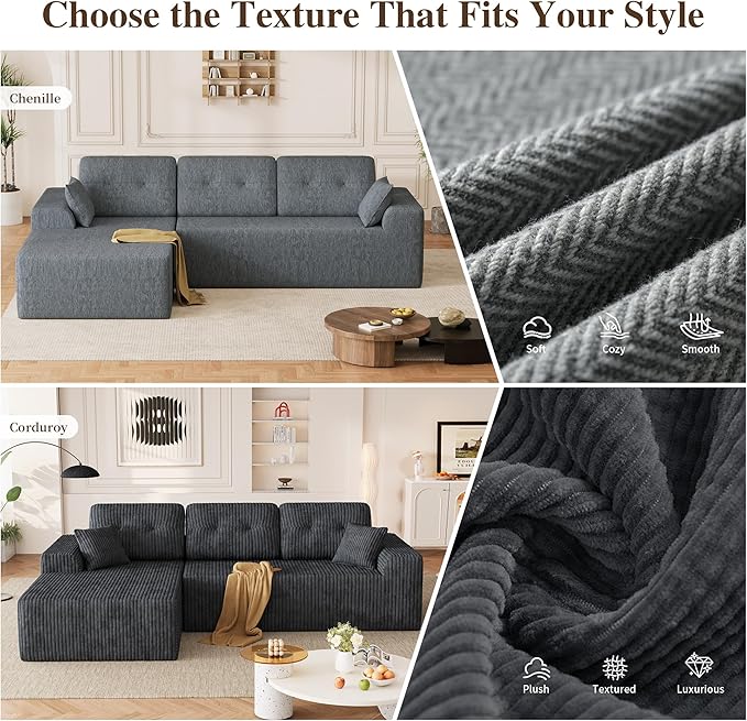 Ball &amp Cast 106 Boneless Sectional Sofa Chenille Modular L Shaped Couch with Deep Seat Chaise Cloud Style Oversized Sectional Couch for Living Room No Assembly Left Facing Grey