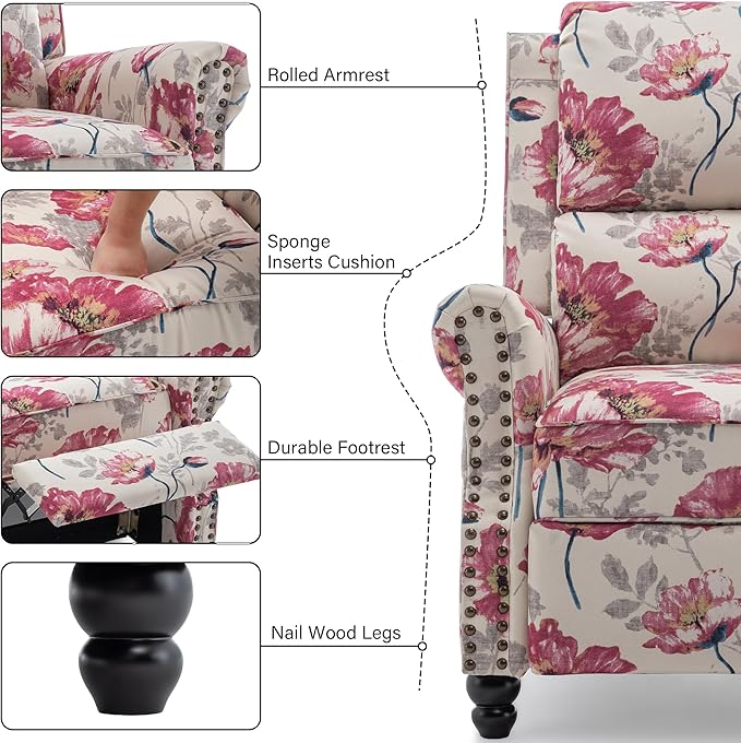 Recliner Chair Modern Pushback Armchair with Adjustable Backrest &amp Footrest for Bedroom Living Room (Pattern FloralSet of 2)