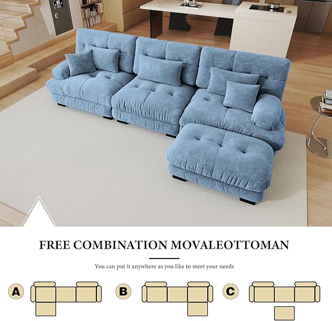 133.8 Oversized Modular Sectional Sofa 3 Seater Blue Large Sectional Couches for Living Room Chenille Fabric Sofa Set Cloud Couches with Ottoman Deep Seat Modern Sofas para Sala L Shaped