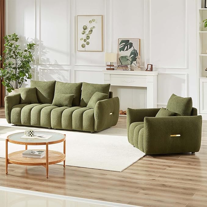 Antetek 35 Modern Accent Single Sofa Chair Comfy Deep Seat Teddy Living Room Chair Leisure Boucle Reading Sofa Arm Chair for Bedroom Office Apartment Green