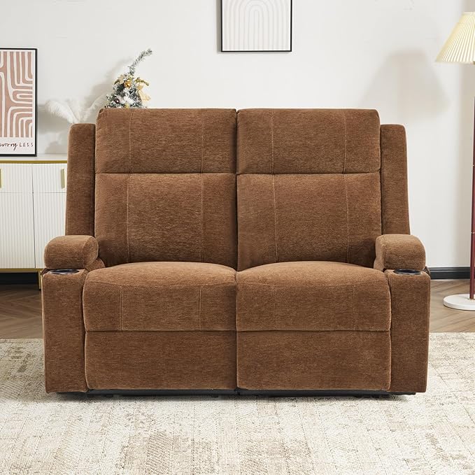 Loveseat Recliner Double Recliner Loveseat with Adjustable Footrest &amp Cup Holder Wall Hugger Recliner for Living Room &amp Home Theater &amp RV(Brown)