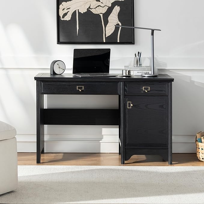Chogori 47 Solid Wood Executive Desk Farmhouse Office Computer Desk with 2 Drawers &amp Storage Cabinet Wooden Writing Table for Home Office Study Bedroom Black