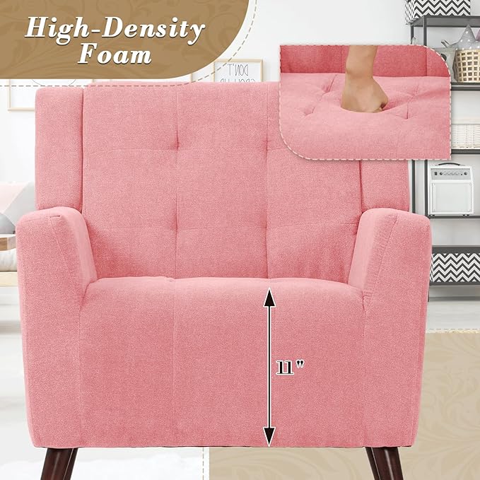 Athena Collection Wingback Accent Chair for Living Room Comfy Linen Fabric Upholstered Reading Chair for Adults Single Sofa Armchair for Bedroom Dorm Balcony Pink