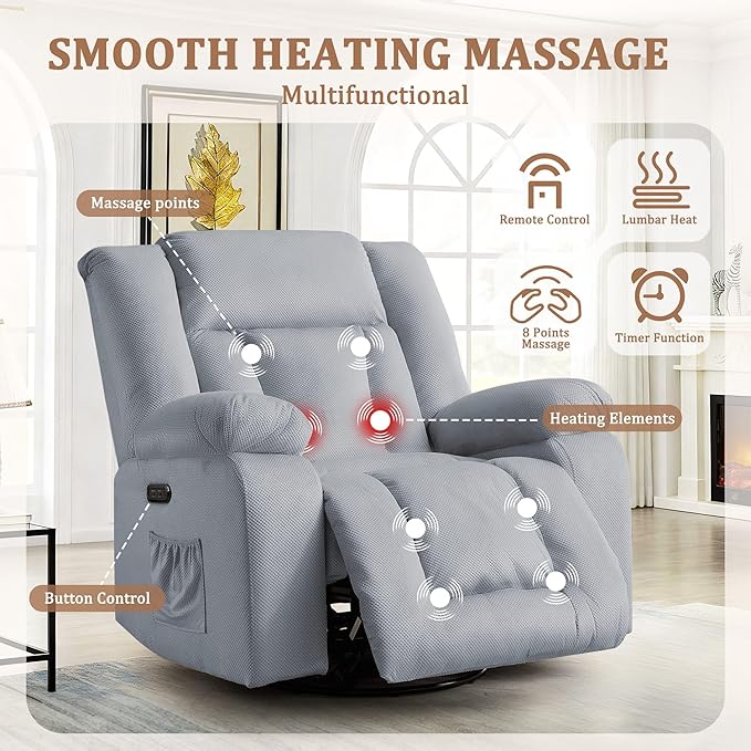 Rocker Recliner Chairs for Adults Swivel Rocking Chair with Heat and Massage Modern Electric Recliner with Extra Wide Waffle Fabric Massage Chair Recliner for Living Room Bedroom