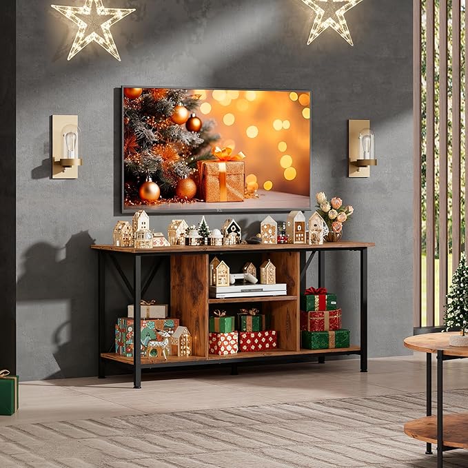 WLIVE Industrial TV Stand for up to 45 inch TV Heavy-Duty Metal Frame Entertainment Center Compact Media Console with Adjustable Shelf &amp Cable Management for Small Spaces Living Room Rustic Br