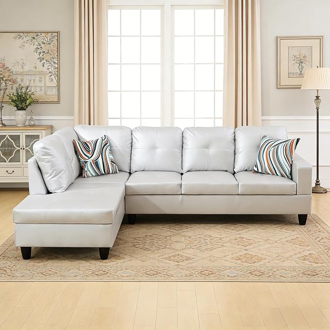 103.5 Inch Modern L-Shaped Couch PU Leather Sectional Sofa with Chaise Lounge 4-Seater Couch with Accent Pillows for Living Room Apartment Silver Grey