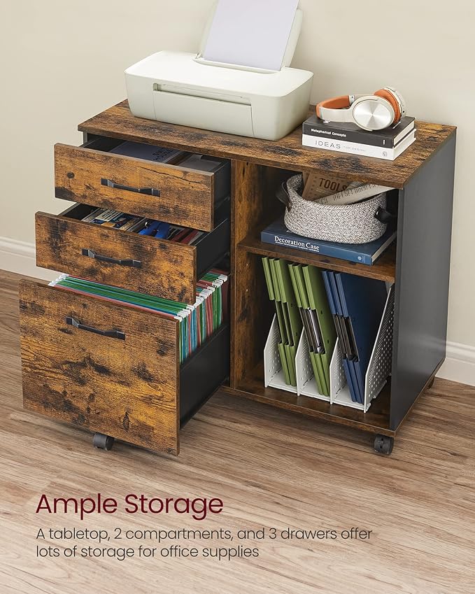 VASAGLE Lateral File Cabinet Home Office Printer Stand 3-Drawer Mobile Filing Cabinet with Open Storage Shelves for A4 Letter-Size Files Industrial Rustic Brown and Black UOFC041B01