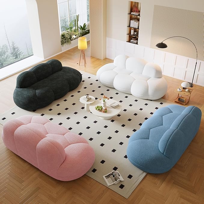 90 Curved Boucle Couch Comfy Cloud Shaped Boneless Couches for Living Room Modern Deep Seat Loveseat Lazy Floor Sofa for Bedroom Apartment Small Space (No Assembly Blue)