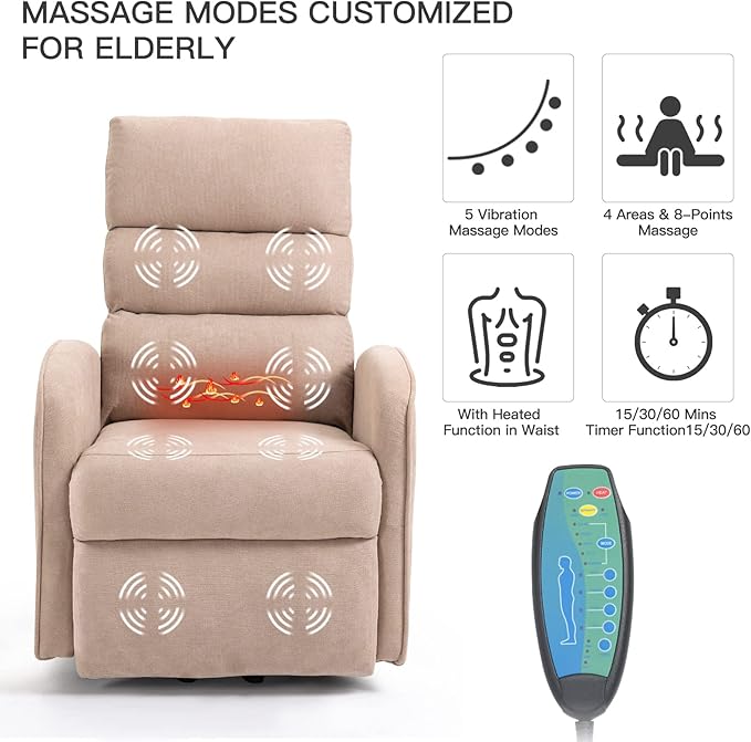 AVAWING Power Lift Chair with Heat and Massage for Elderly Fabric Electric Recliner Chair with Remote Control Side Pocket and USB Port for Living Room &amp Bedroom Khaki
