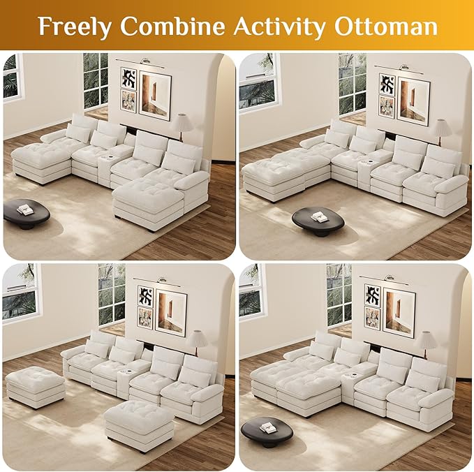 134 Oversized Beige Sectional Couches for Living Room with Glitter Fabric Fluffy Couch with Chaise Lounge&ampTufted Buttons U Shaped Sofa Set Chenille 6 Seater Couch with 2 Ottoman &amp Storage