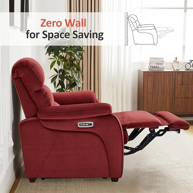 MCombo Power Zero Wall Hugger Recliner Chair for Small Space RV Living Room Power Recliner with Adjustable Headrest USB &amp USB-C Charging Ports Fabric ST257 (Burgundy)