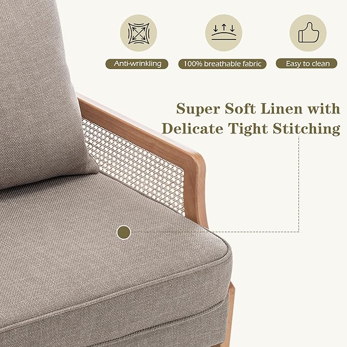 Loveseat Sofa Couches with Rattan Arms and Pillows for Living Dining Room Bedroom Office Entryway Small Spaces Taupe