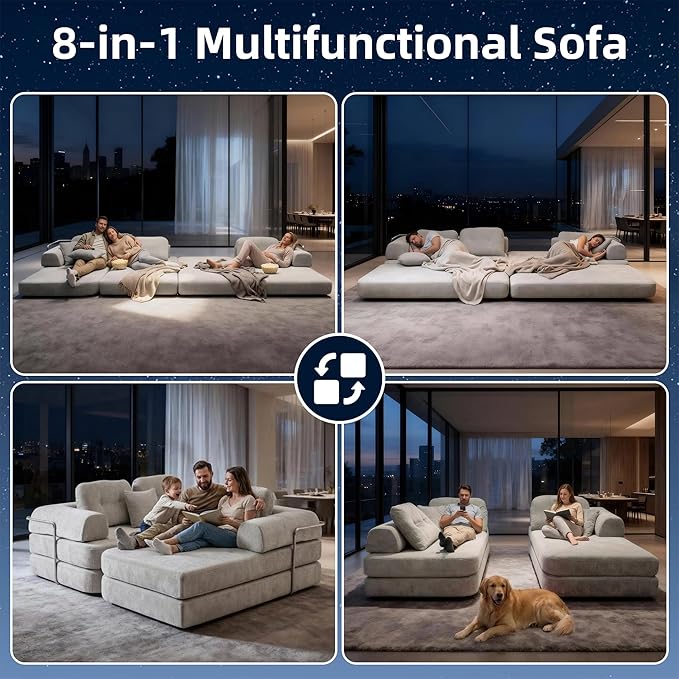 104 Modular Sectional Sofa 8-in-1 Convertible Sleeper Couch with Pet-Friendly Chenille Fabric High-Density Foam Floor Seating for Living Room Apartment (Light Gray)
