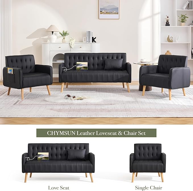 Black Leather Loveseat and Accent Chair Set of 2 Small Couch w/USB Charging &amp Pockets Mid Century Modern Tufted Love Seat and Chair Set Mini Office Sofa for Living Room Apartment