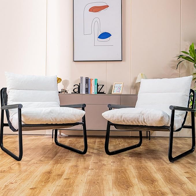 Accent Chair with Arms Living Room Chair with Cushion Comfy Chairs Padded Patio Leisure Lounge Chair Sturdy Comfy for Reading Nook &amp Bedroom 200Lbs Capacity(White 1-2)