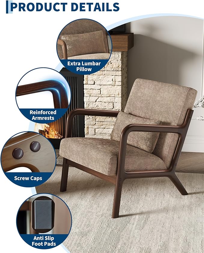 Garvee Mid-Century Modern Accent Chair Wide-Wale Corduroy Upholstery Solid Wood Armchair with Removable Lumbar Pillow Sturdy Reading Chair for Living Room Bedroom Guest Room Easy Assembly Brown