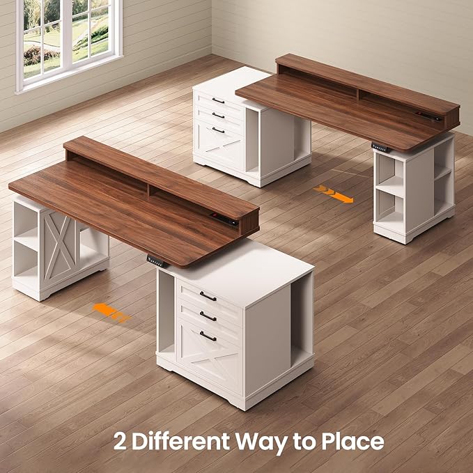 SEDETA Farmhouse Electric Standing Desk 55 Height Adjustable Computer Desk with 3 Drawers File Cabinet Storage Shelves Power Outlets Wood Home Office Desk for Work Study Writing White
