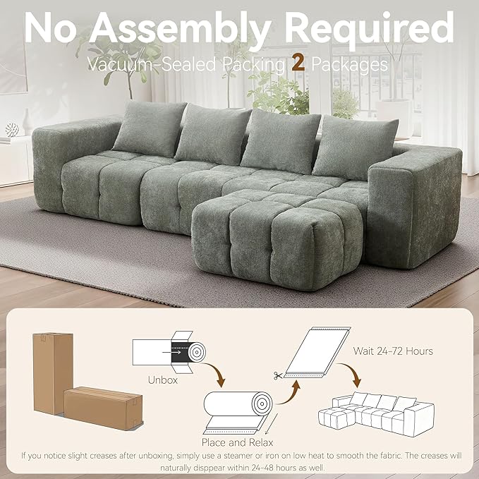 119 Oversized Cloud Boneless Couches for Living Room Modern Tufted Modular Sectional Sofa with Deep Seat &amp Movable Ottoman L Shaped Memory Foam Chenille Couch No Assembly Required Green
