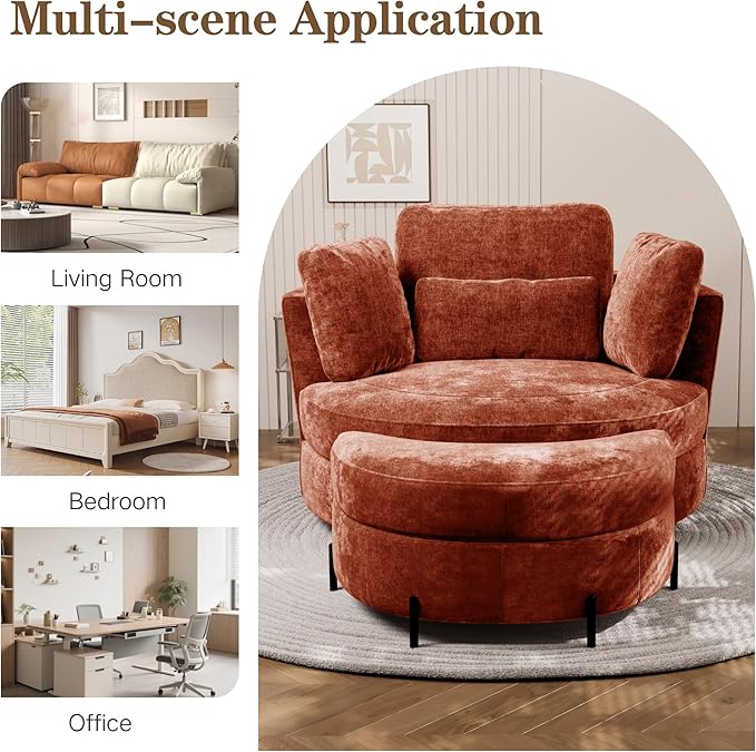 Chifee &amp Vingol Swivel Accent Chair with Ottoman 50.2 Round Swivel Chair Storage Ottoman &amp Pillows 360° Barrel Chair for Living Room Bedroom OfficeChenilleTerracotta
