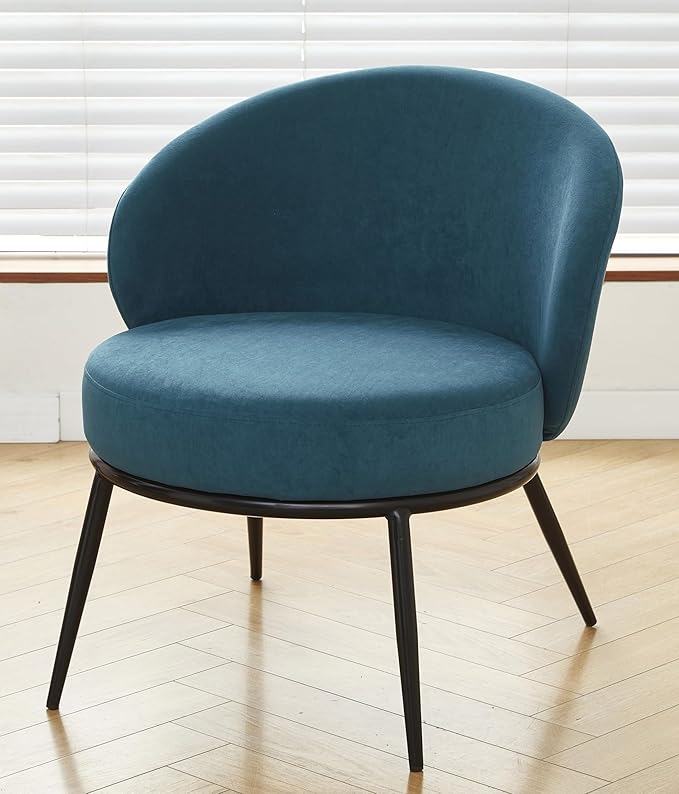 Modern Velvet Accent Chair with Channel Back Design Black Metal Legs and Soft Upholstery Comfortable Seating for Living Room Bedroom or Office Greenish Blue
