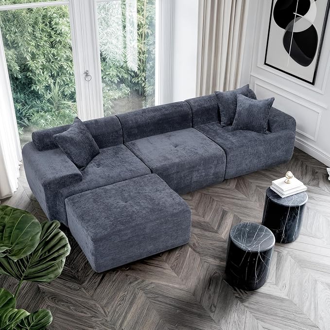 119’’ Modular Sectional Sofa Cloud Sectional Couch with Deep Seat Modern Modular Compression Sofa Couch with Chaise Upholstered Couches Throw Pillows for Living Room Bedroom Blue