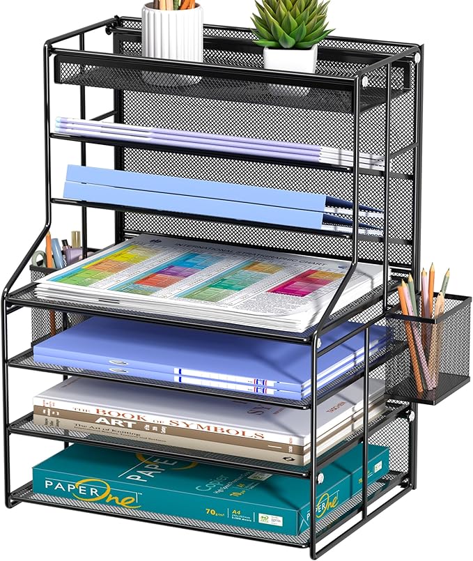 7 Tier Desk File Organizer – Vertical File Organizer for Desk with Removable Pen Holder &amp Adjustable Pull-out Drawer – Metal Document Organizer for Office Simple Trending Design – Black