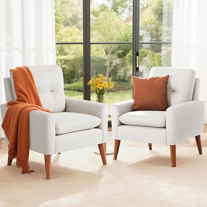 Furmax Accent Chair Mid-Century Modern Upholstered Armchair Comfy Reading Sofa Chair for Living Room Bedroom Apartment White