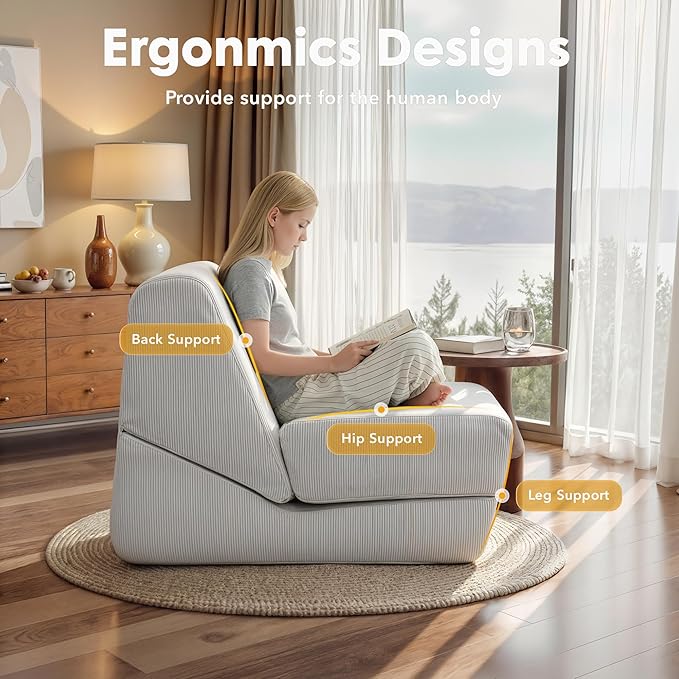 Folding Sofa Bed Convertible Sleeper Chair with Back Support Multifunctional Chaise Lounge Chair Corduroy Single Floor Couch for Small Space Apartment Dorm Office White