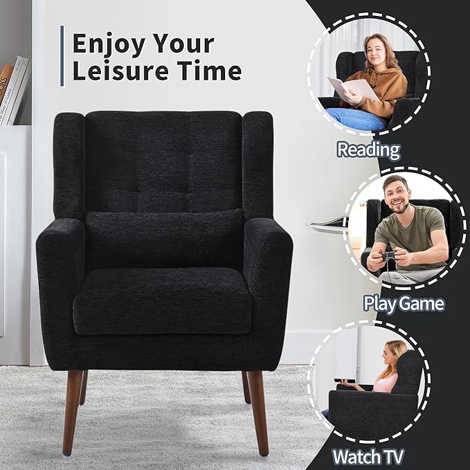 Modern Accent Chair Upholstered Arm Chair with Waist Pillow Single Sofa Chair for Living Room Bedroom Small Spaces (Black)