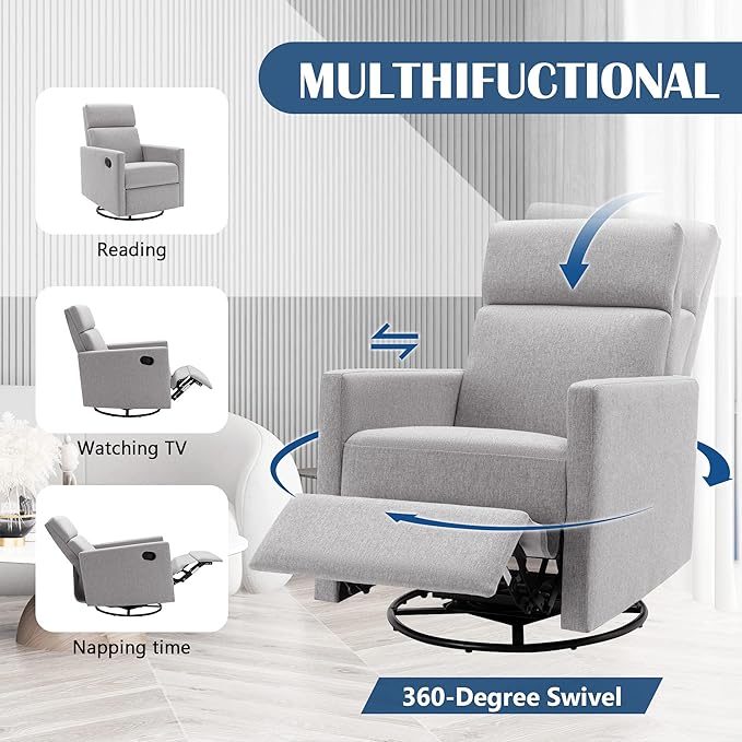 Swivel Rocker Recliner Chair 360 Degree Swivel Nursery Rocking Chair Manual Glider Rocking Recliner Chair for Living Room Bedroom (Grey)